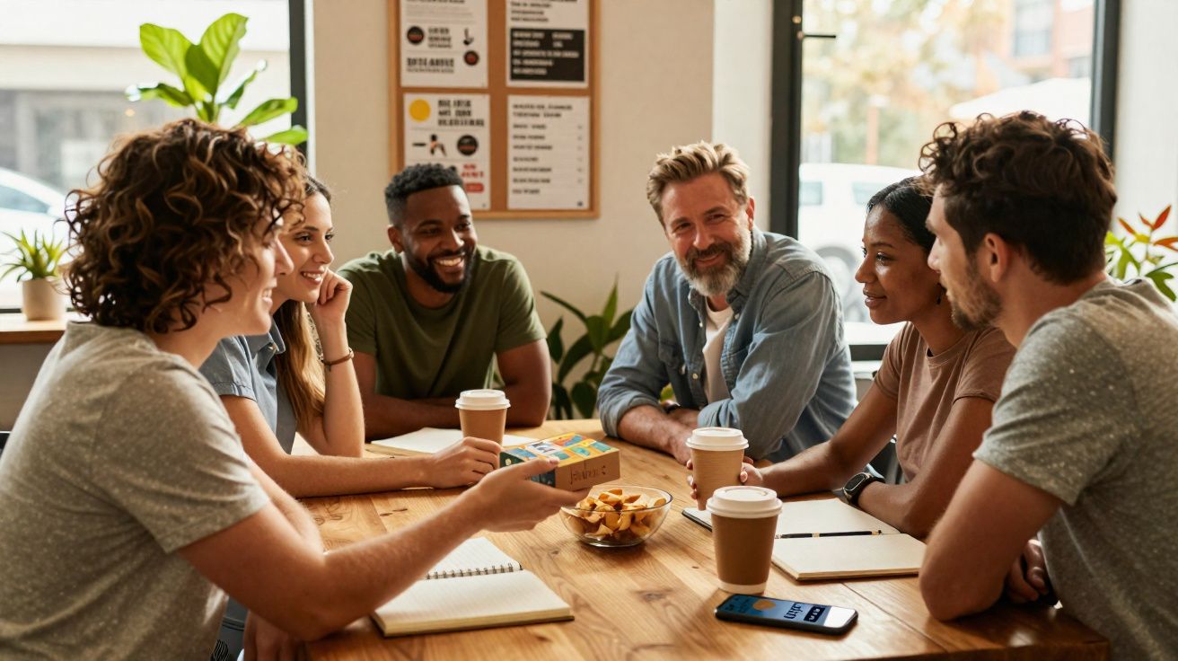 Grupo de seis pessoas sentadas à volta de mesa com cafés, cadernos e snacks a conversar animadamente.