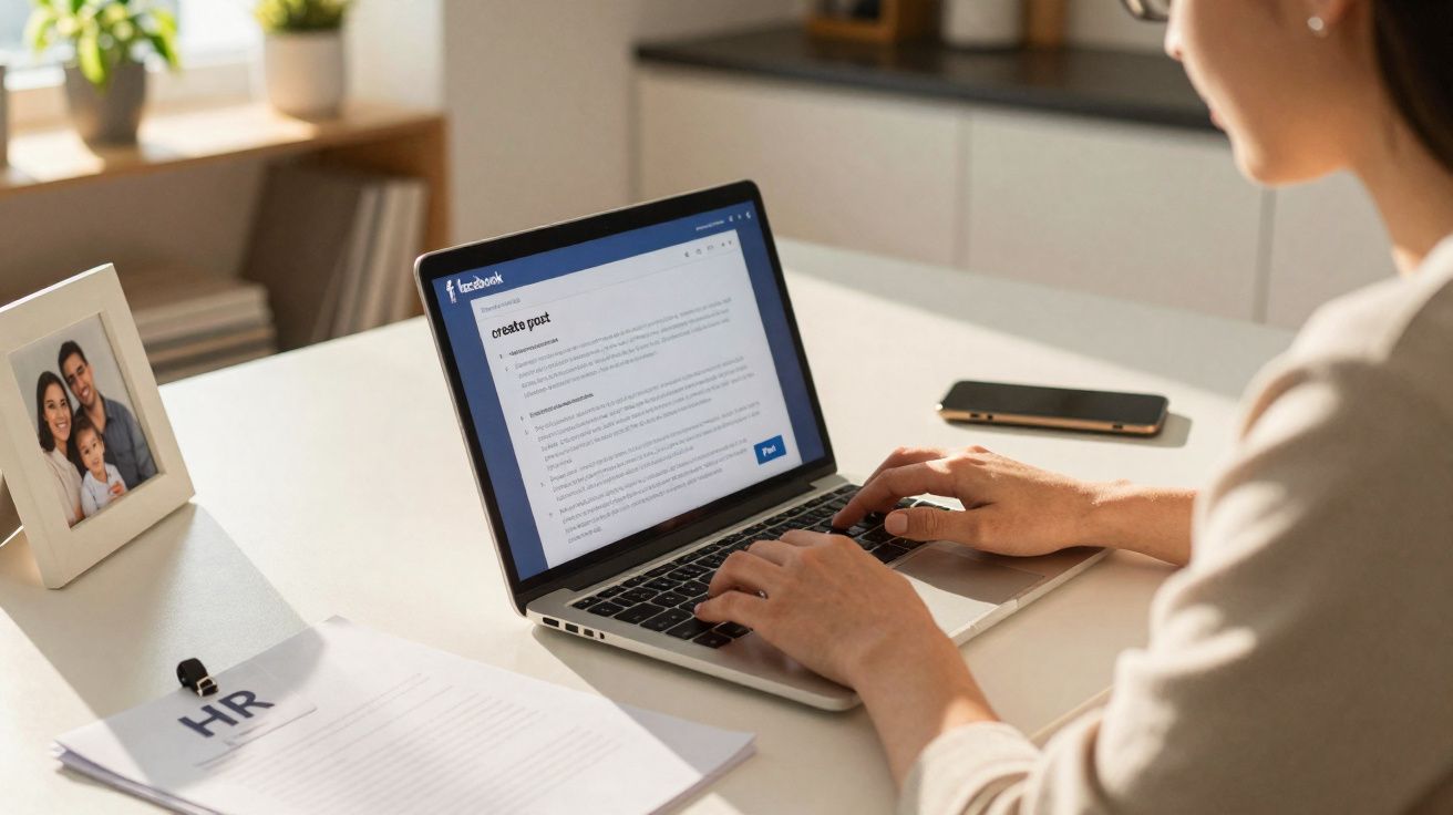 Pessoa a escrever um post no Facebook num portátil numa mesa com documentos de RH e um telemóvel.