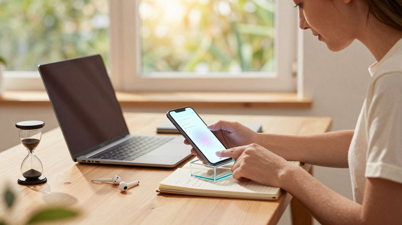 Mulher a usar telemóvel sentada numa secretária com portátil, auscultadores sem fios e ampulheta.