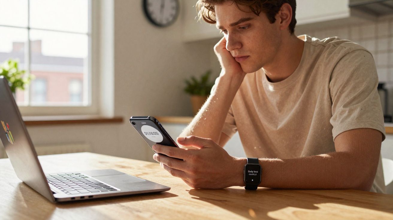 Jovem sentado à mesa a olhar pensativo para o telemóvel, com computador portátil aberto à sua frente.
