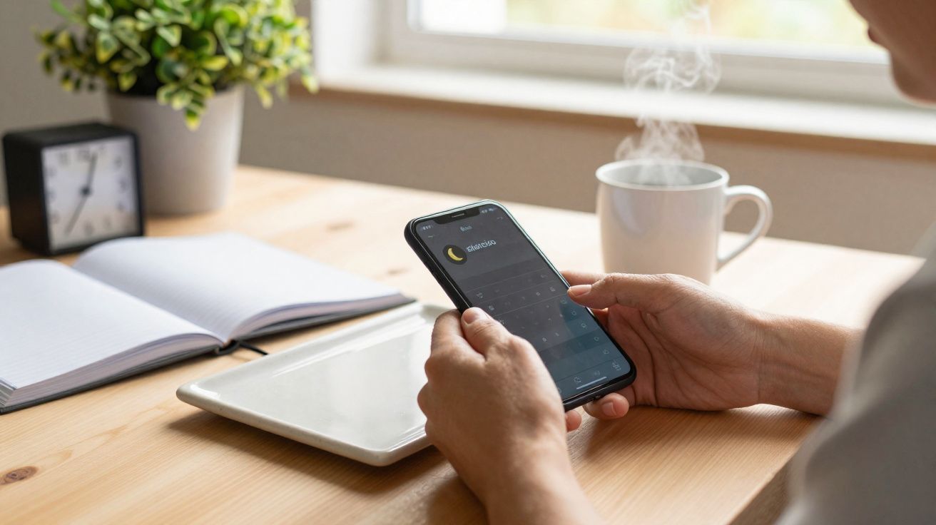 Pessoa a segurar telemóvel com aplicação de descanso aberta, junto a livro, relógio, planta e chá quente.