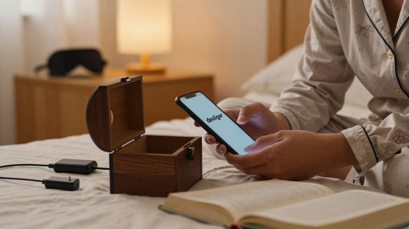 Pessoa de pijama a segurar um telemóvel junto a um livro aberto e uma caixa de madeira numa cama.