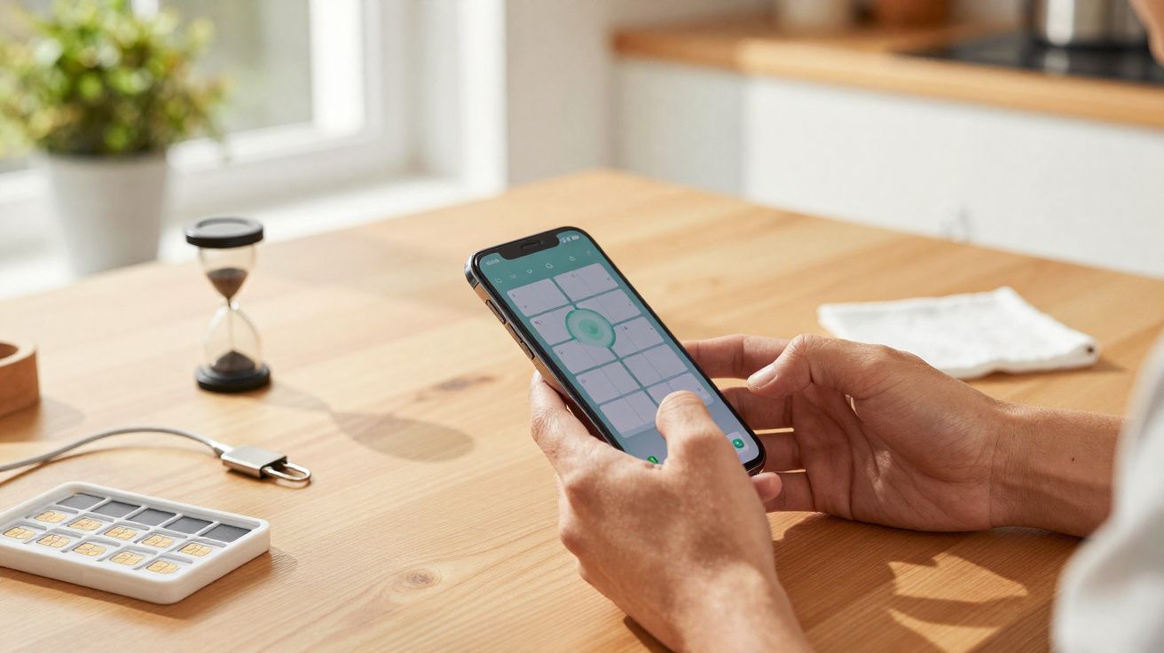 Pessoa a usar smartphone com aplicação aberta numa mesa junto a ampulheta, carregador e caixa de comprimidos.