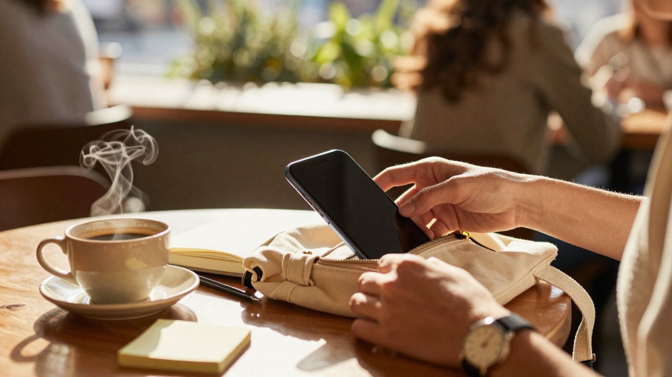 Pessoa a retirar um telemóvel de uma bolsa numa mesa com café fumegante e um caderno aberto.