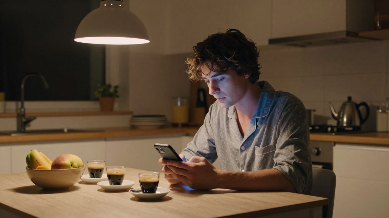 Rapaz sentado à mesa na cozinha à noite, a usar telemóvel, com três cafés e uma fruteira à sua frente.