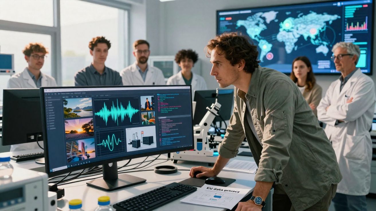 Homem analisa dados no computador diante de equipa científica num laboratório tecnológico.