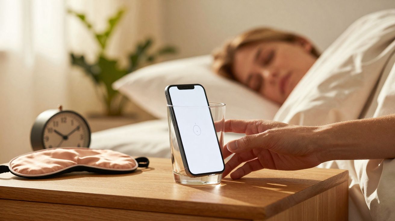Pessoa a desligar alarme no telemóvel apoiado num copo ao lado da cama, com máscara de dormir e despertador.