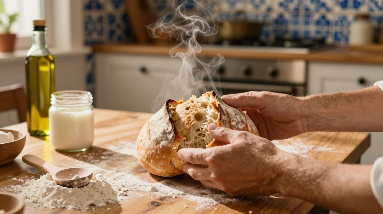 Mãos a partir um pão quente com vapor, sobre mesa com farinha, azeite e iogurte na cozinha.