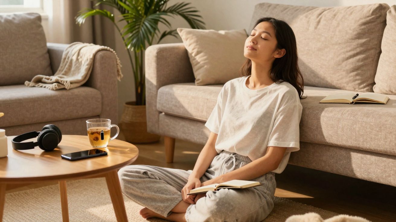 Mulher sentada no chão da sala, relaxando com olhos fechados e livro aberto no colo, com sofá e mesa à frente.