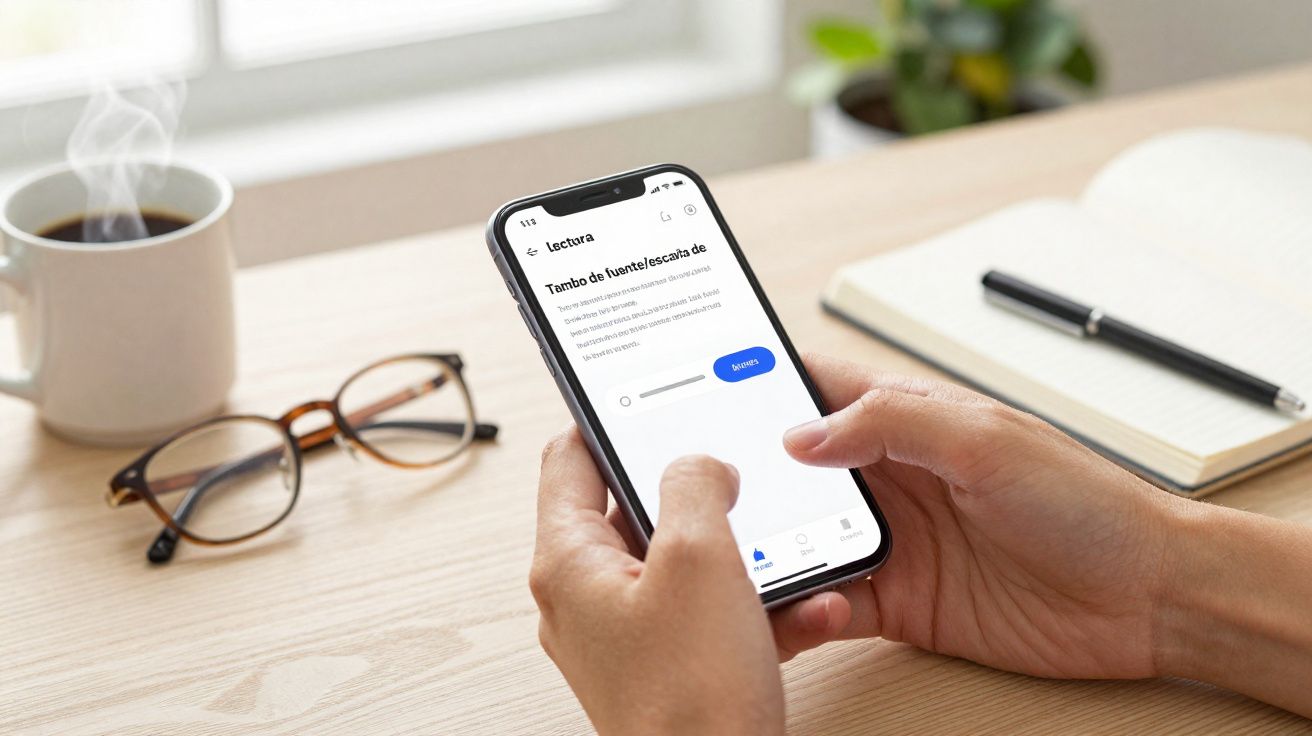 Pessoa a ler texto num telemóvel com óculos, café quente, caderneta e caneta numa secretária de madeira.