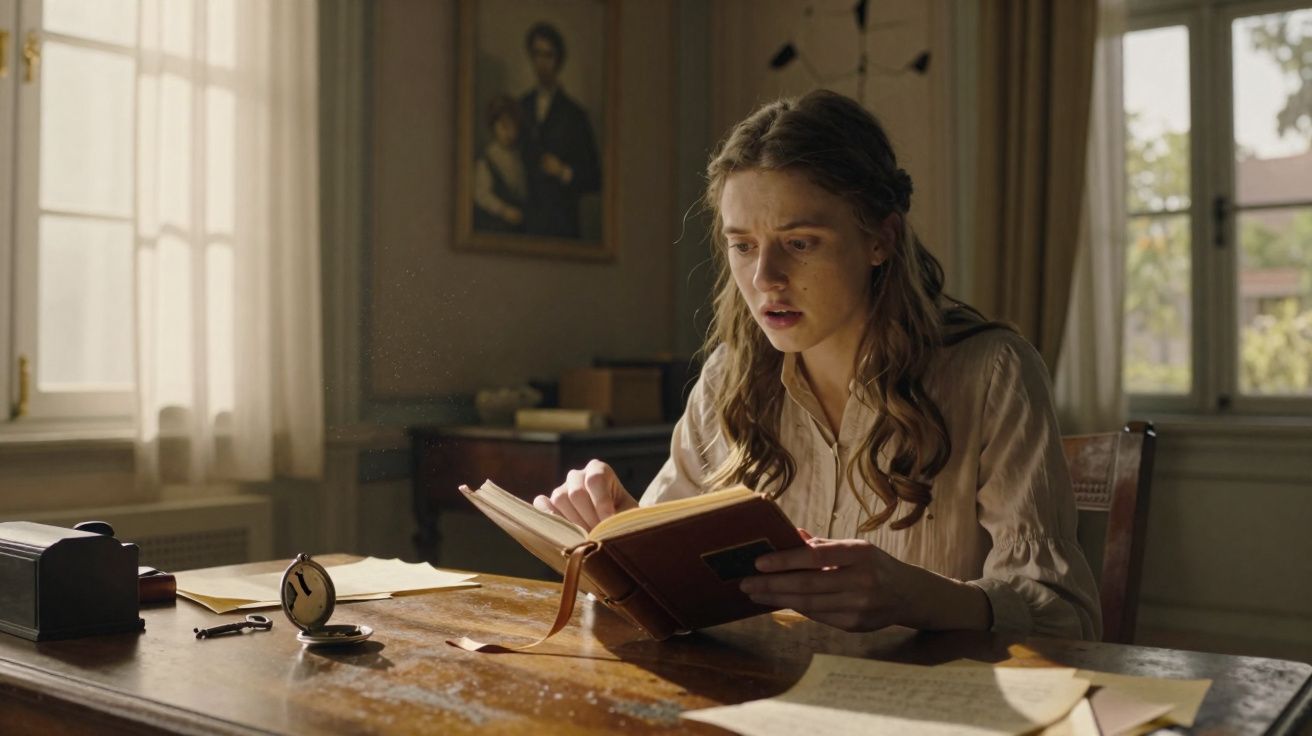 Jovem mulher sentada a uma mesa de madeira lendo um livro com expressão preocupada numa sala iluminada.