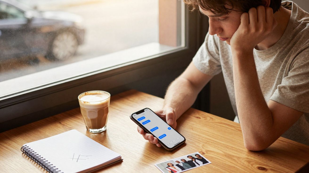Pessoa jovem sentada à mesa a ler mensagens no telemóvel, com café, caderno e fotografia sobre a mesa.