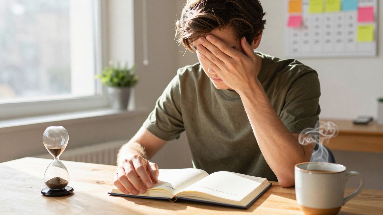 Homem preocupado a ler livro numa mesa com ampulheta e chá quente ao lado numa sala iluminada.