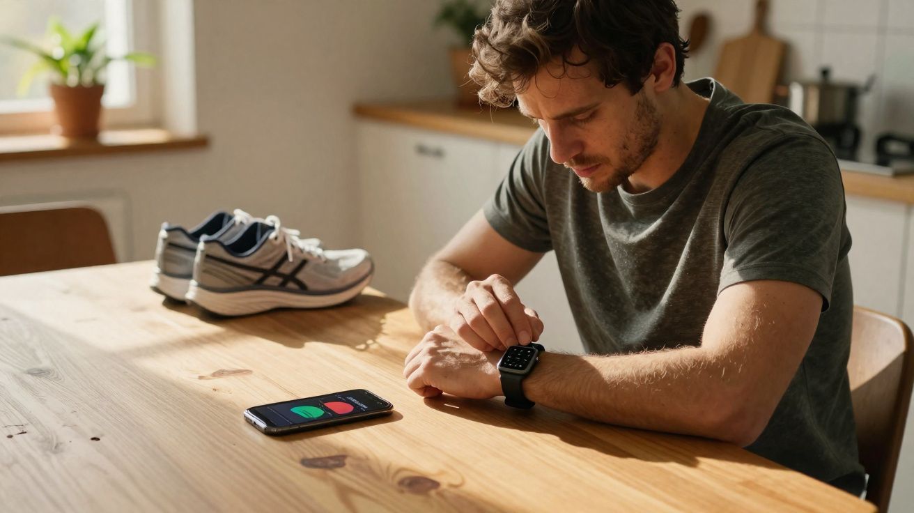 Homem sentado numa mesa a verificar um relógio inteligente, com ténis e telemóvel à sua frente.