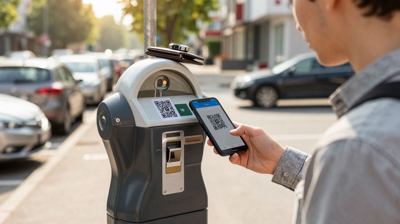 Pessoa usa telemóvel para pagar parquímetro com código QR numa rua com carros estacionados.