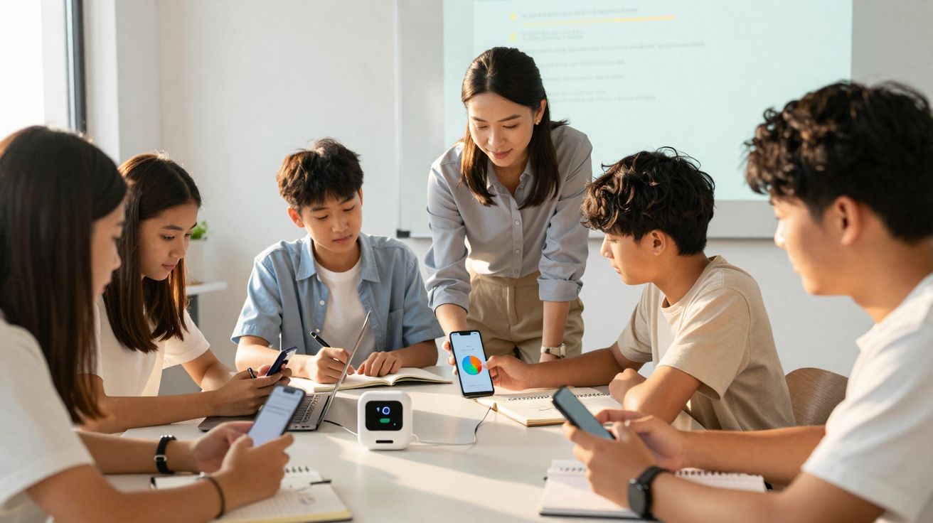 Grupo de jovens alunos com professora numa sala, a usar smartphones e a estudar em conjunto.