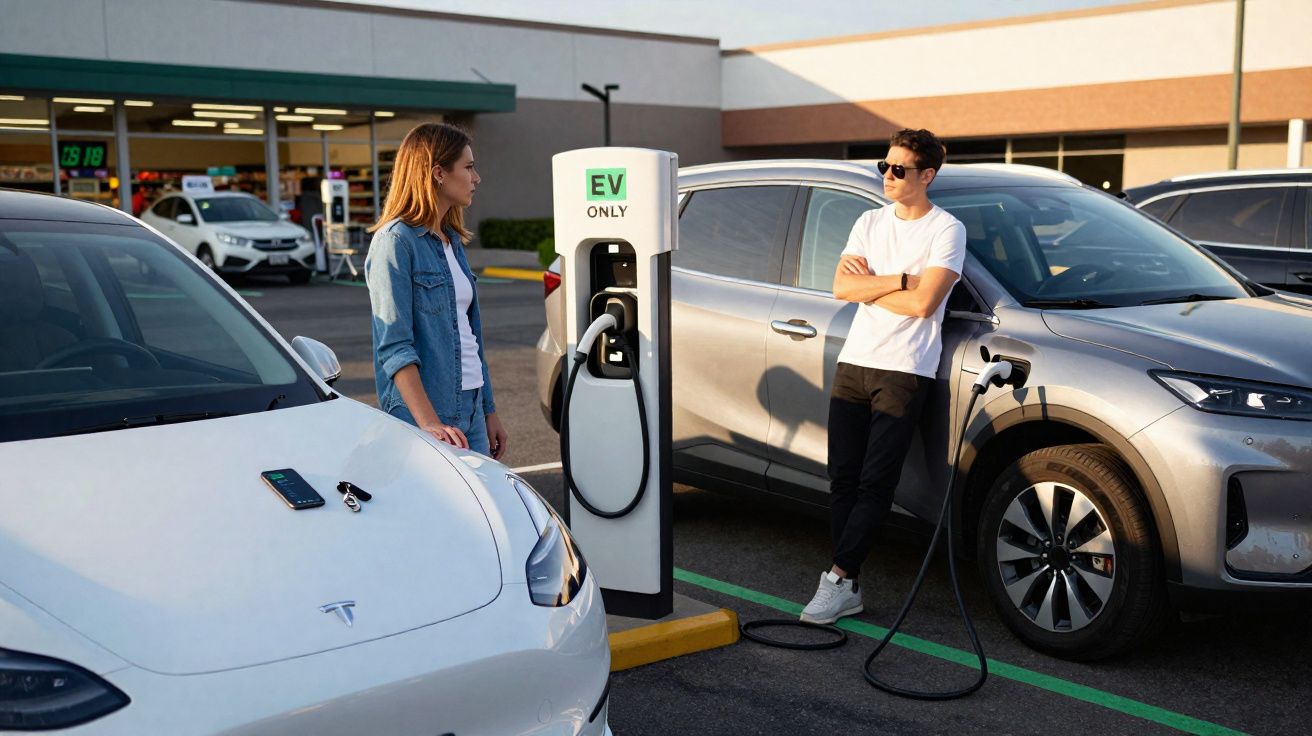 Homem e mulher junto a carros elétricos a carregar numa estação de carregamento numa área comercial.