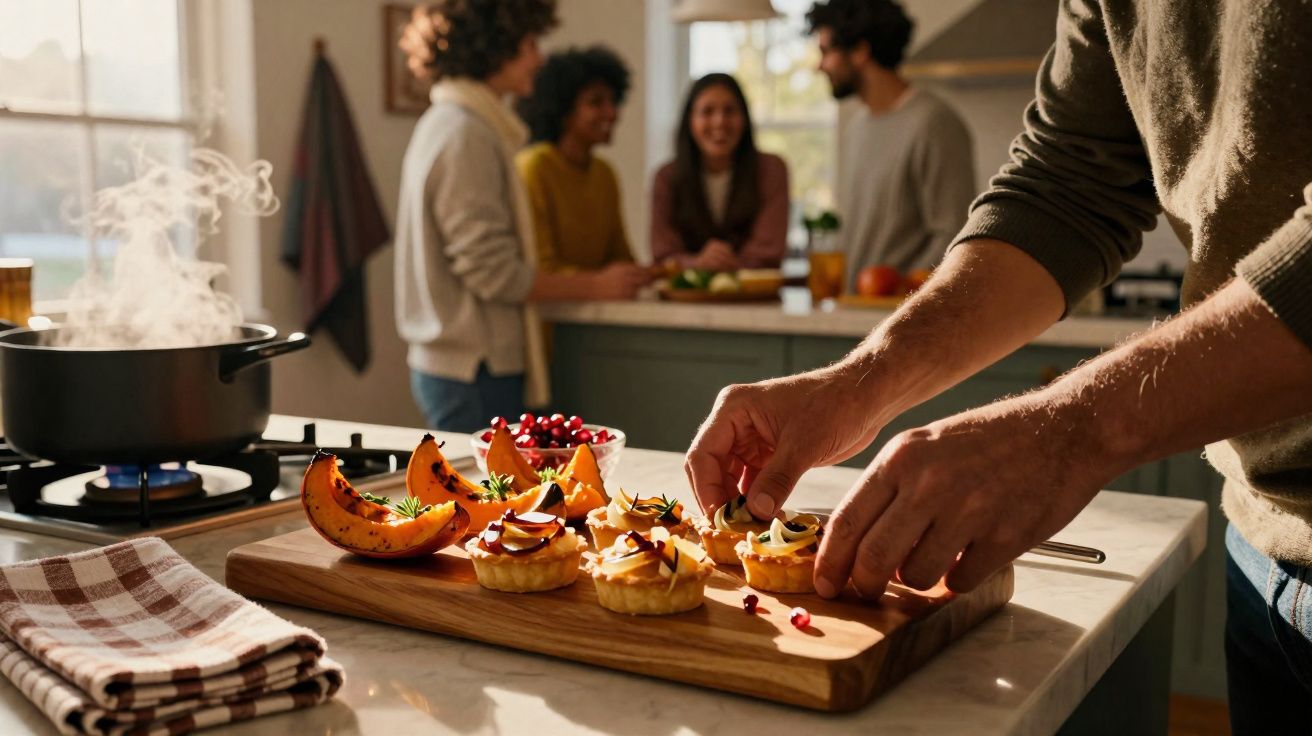 Mãos a preparar petiscos numa tábua enquanto grupo conversa ao fundo numa cozinha iluminada.