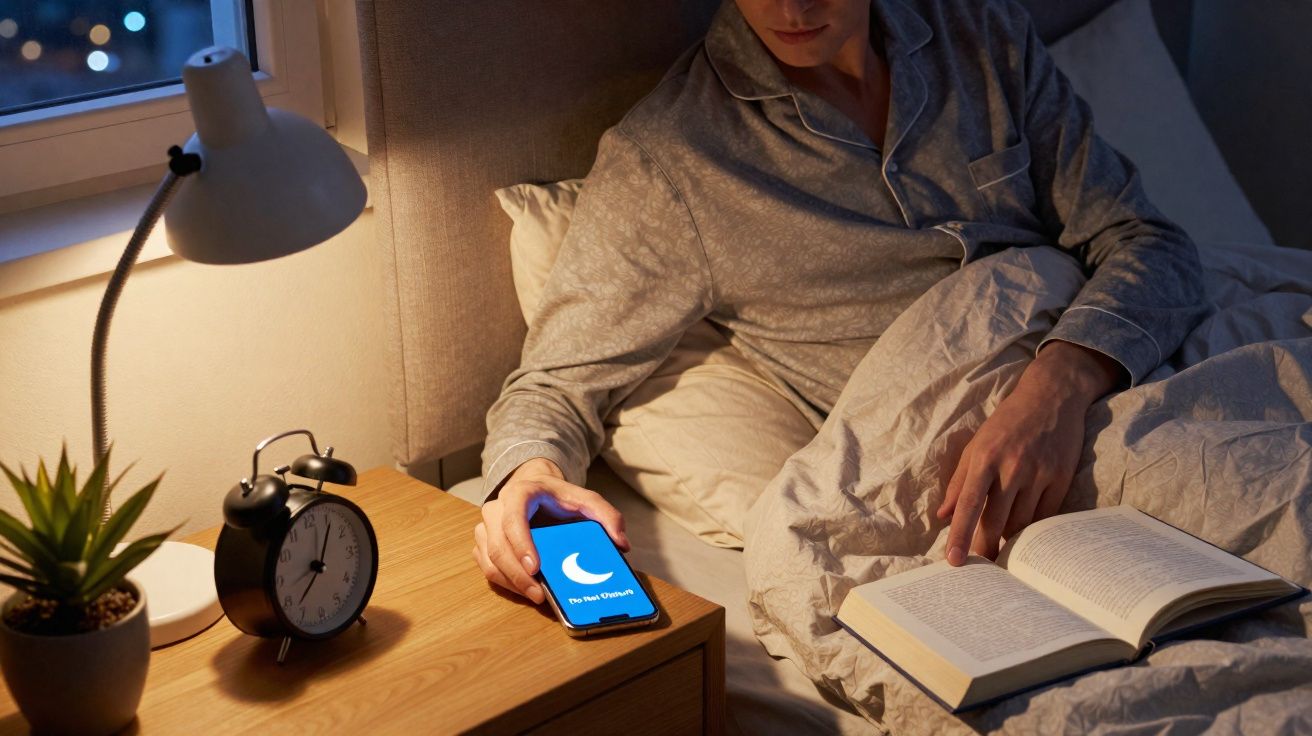 Homem de pijama na cama à noite, a desligar o celular com aplicativo modo noturno aberto.