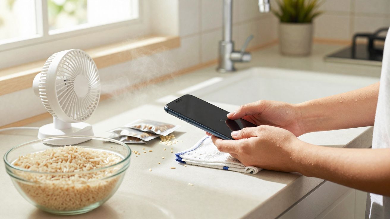 Pessoa a secar um telemóvel com uma ventoinha junto a uma tigela com arroz na cozinha.
