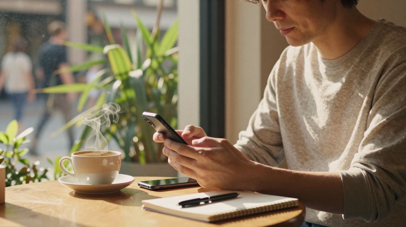 Homem a usar telemóvel numa cafetaria, mesa com caderno, caneta, telemóvel e chá quente com vapor.
