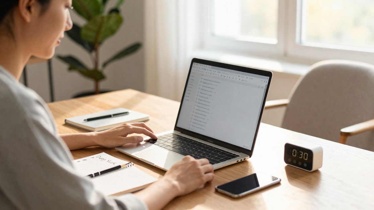 Pessoa a trabalhar num portátil numa mesa com agenda, telemóvel e relógio digital.