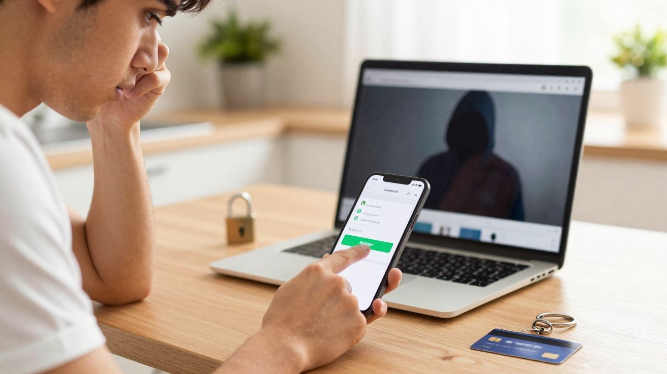 Pessoa a verificar autenticação no telemóvel enquanto está à frente de um computador portátil com imagem de hacker.