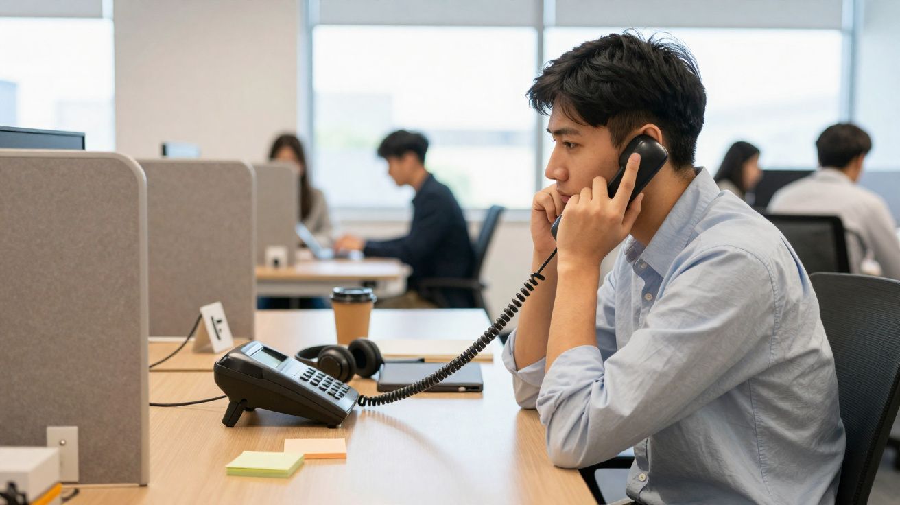 Homem jovem fala ao telefone fixo num escritório moderno com divisórias, colegas trabalham ao fundo.