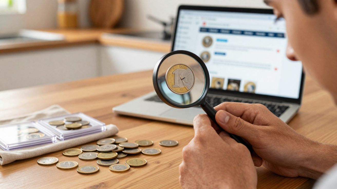 Pessoa a observar uma moeda com uma lupa enquanto compara moedas numa mesa com computador portátil aberto.