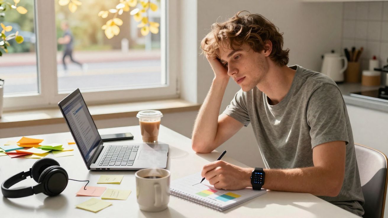 Jovem sentado à mesa com portátil e caderno, parece concentrado e a trabalhar em casa numa manhã iluminada.