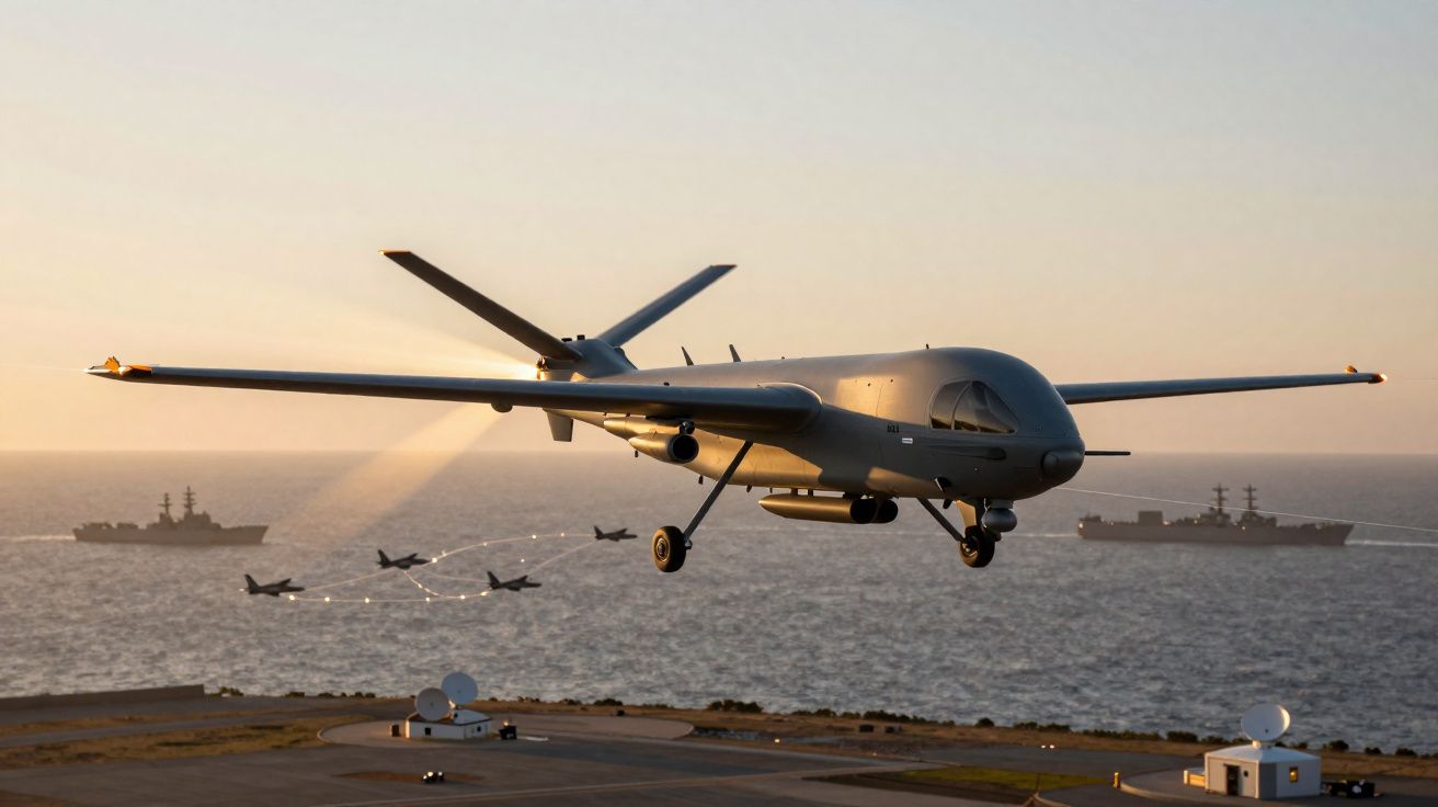Drone militar cinzento em voo junto ao mar, com vários aviões e dois navios militares ao fundo.