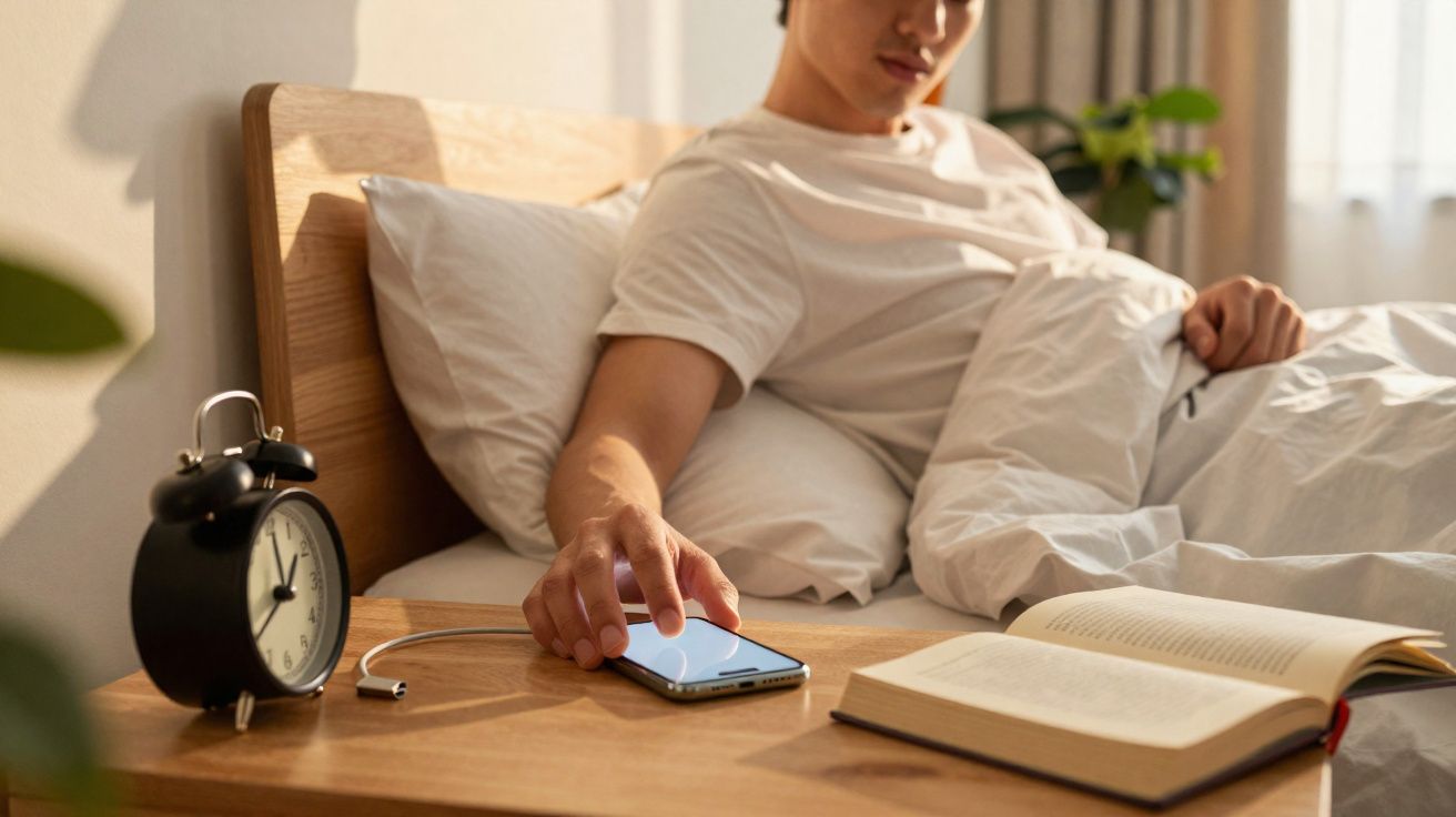Pessoa deitada na cama a desligar o telemóvel numa mesa com despertador e livro aberto ao lado.