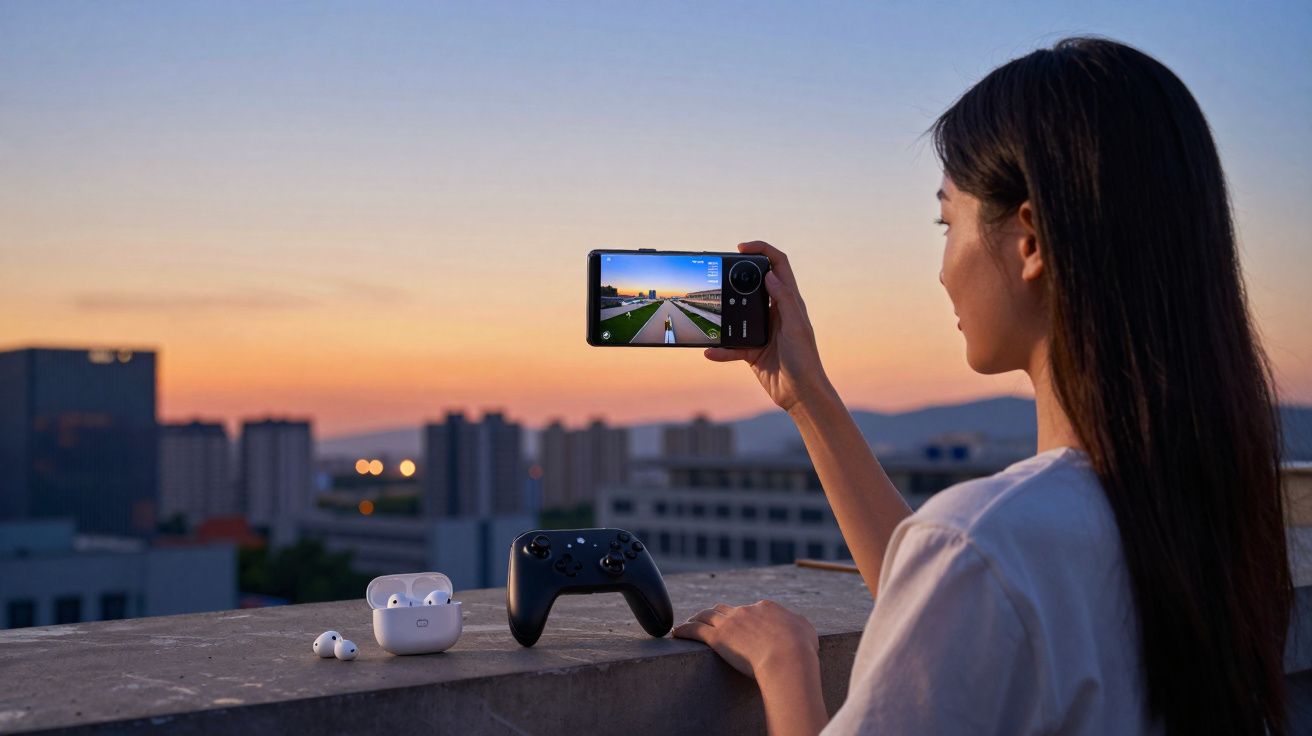 Mulher tira foto ao entardecer com telemóvel, comando e auriculares na parede de pedra.