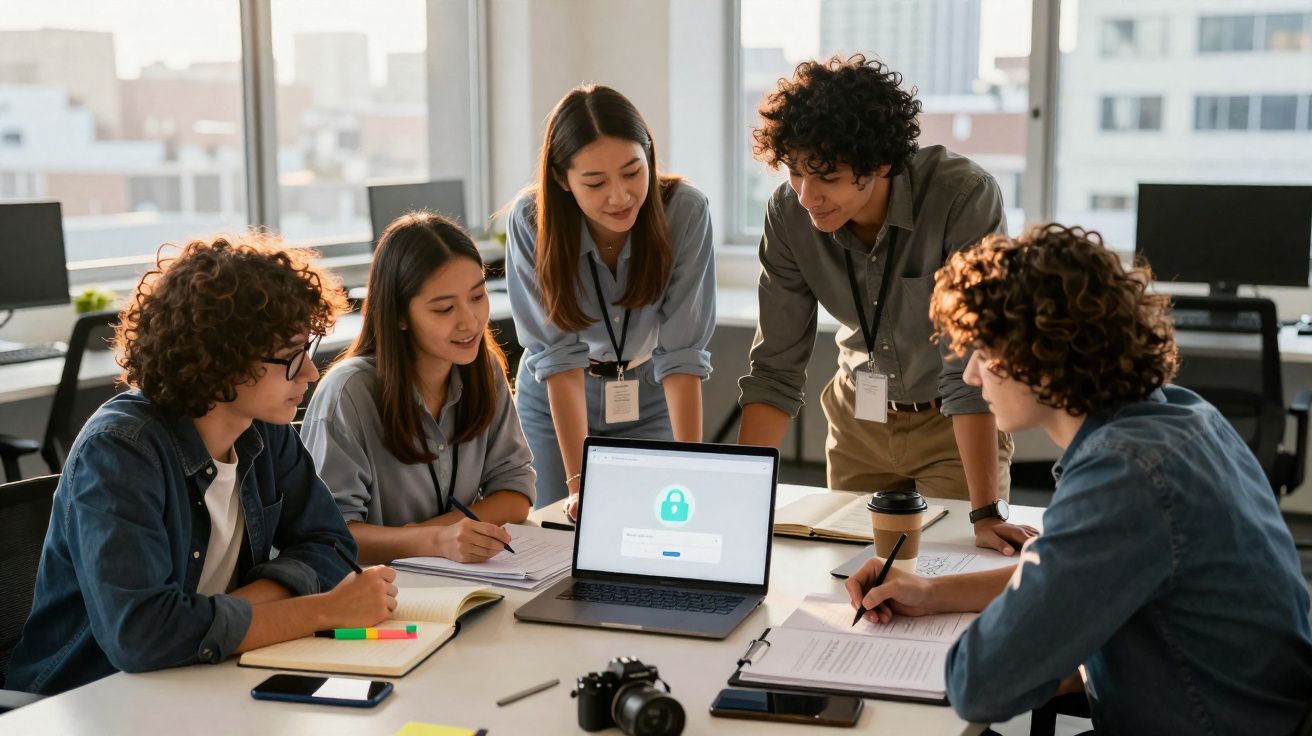 Cinco jovens colaboram em escritório moderno à volta de um portátil, discutindo projeto em ambiente de trabalho.