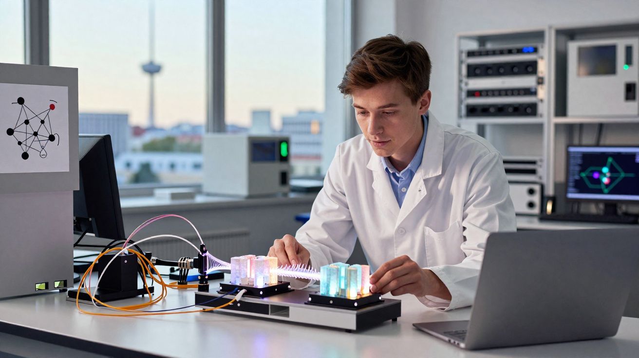 Jovem cientista em bata branca manipula equipamento tecnológico com luzes coloridas num laboratório moderno.