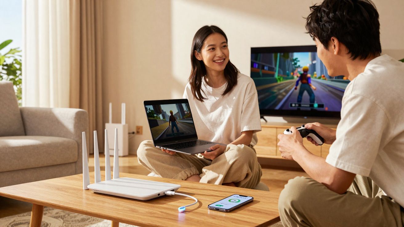 Casal jovem a jogar videojogos em sala com router, computador portátil e televisão ligados.