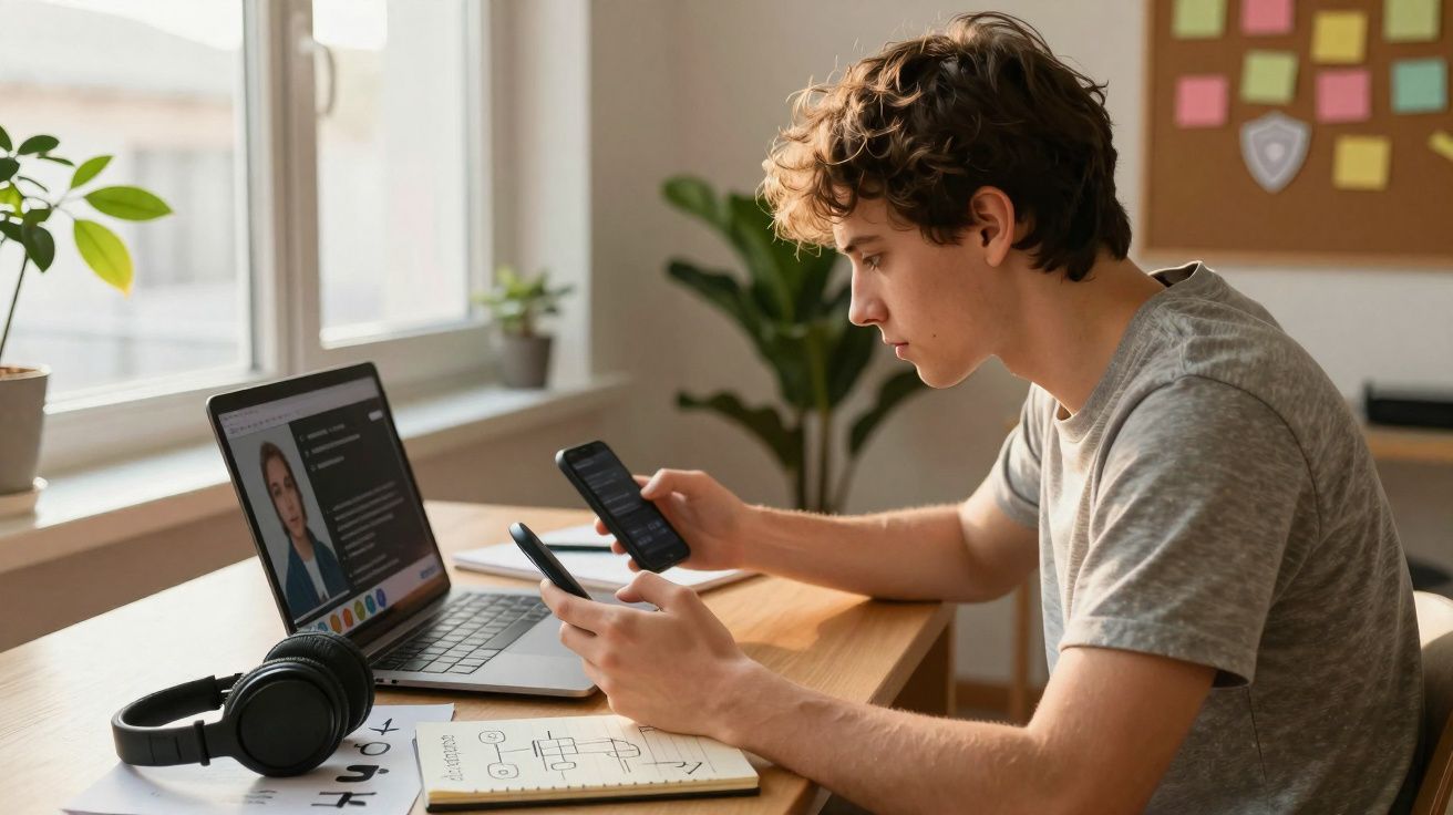 Jovem sentado à secretária a trabalhar no portátil e a usar dois telemóveis com auscultadores ao lado.