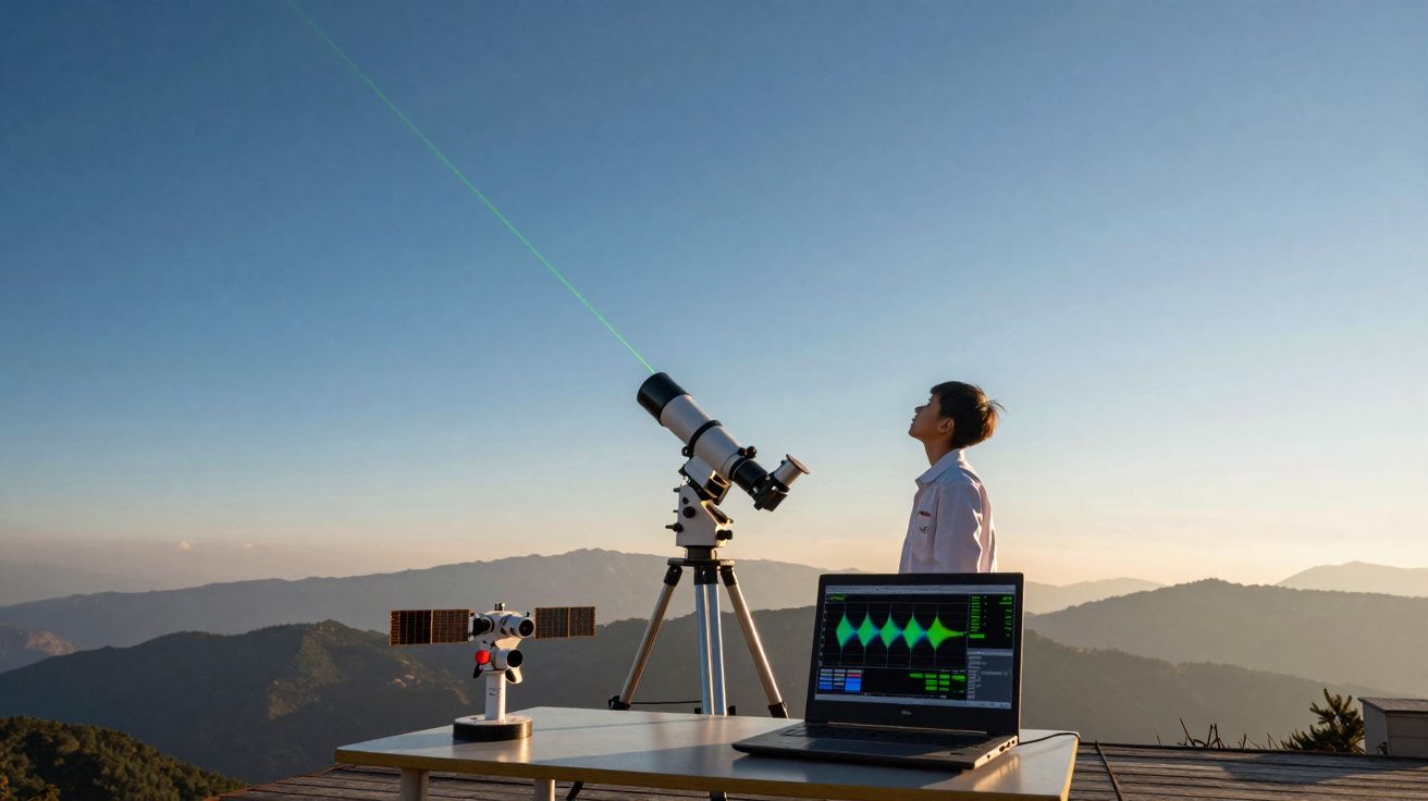Pessoa observa o céu ao pôr do sol junto a telescópio e computador numa paisagem montanhosa.