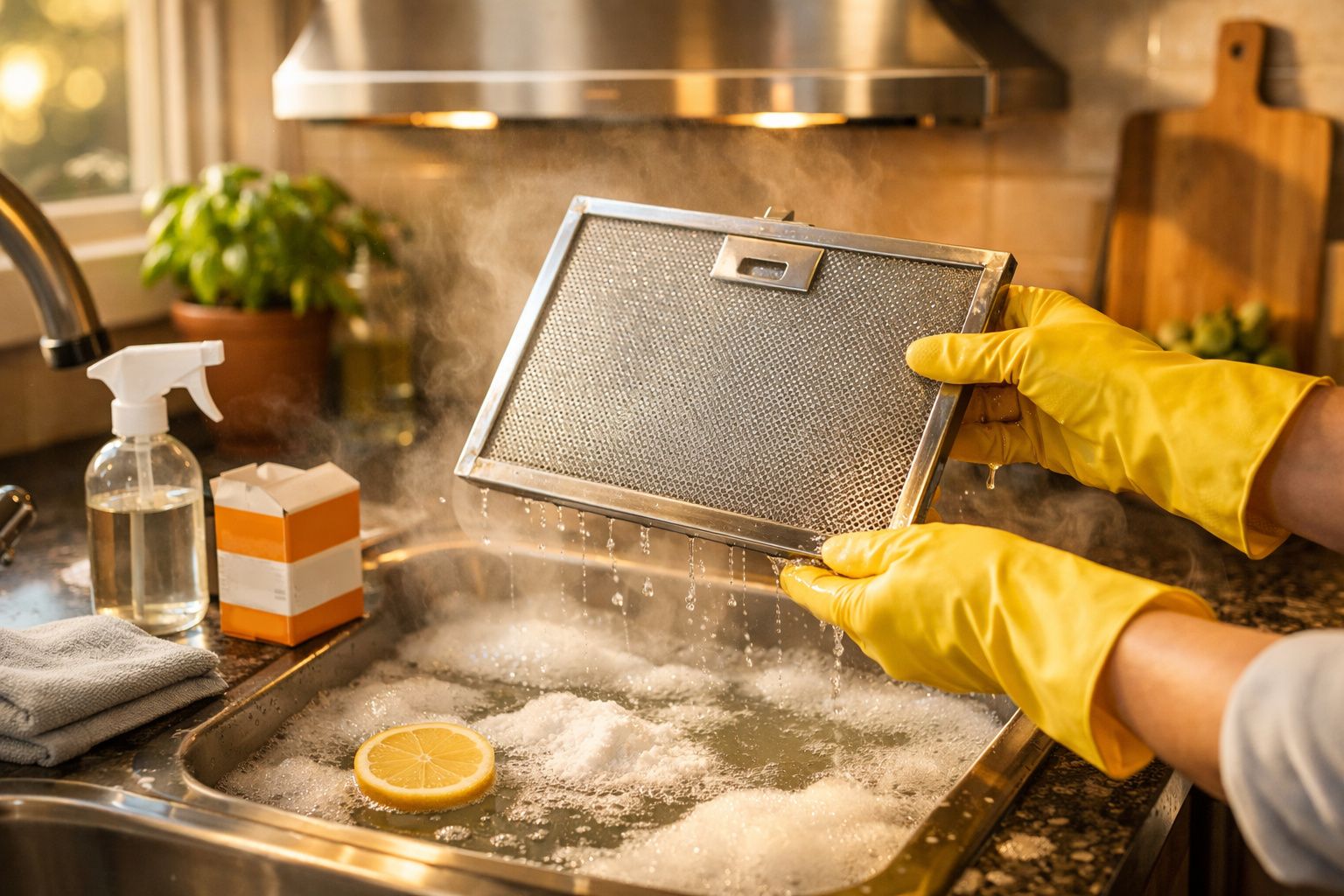 Pessoa a lavar um filtro metálico de exaustor na pia com luvas amarelas e água com limão.