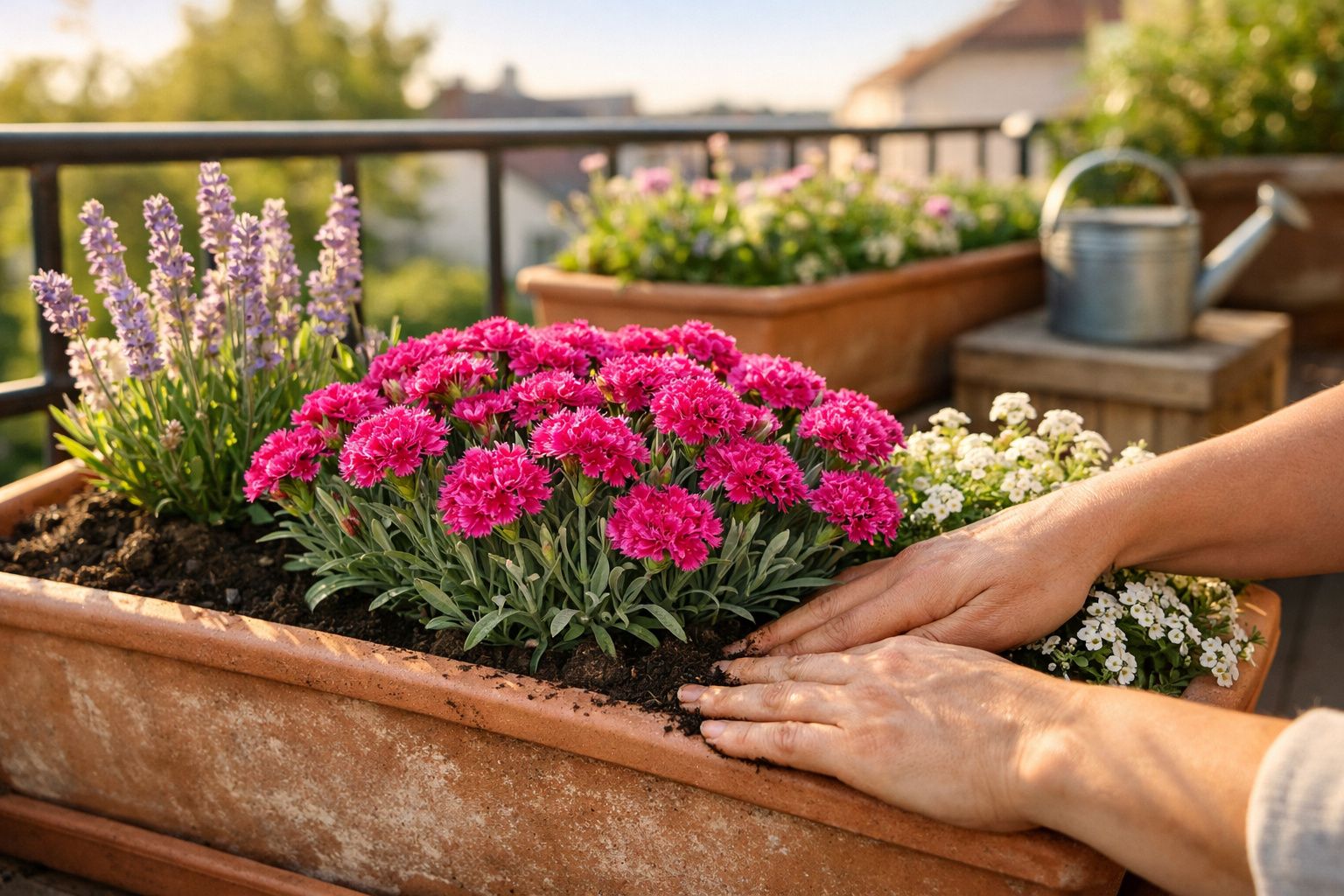Mãos a cuidar de flores coloridas numa varanda com vasos de barro e regador ao fundo.