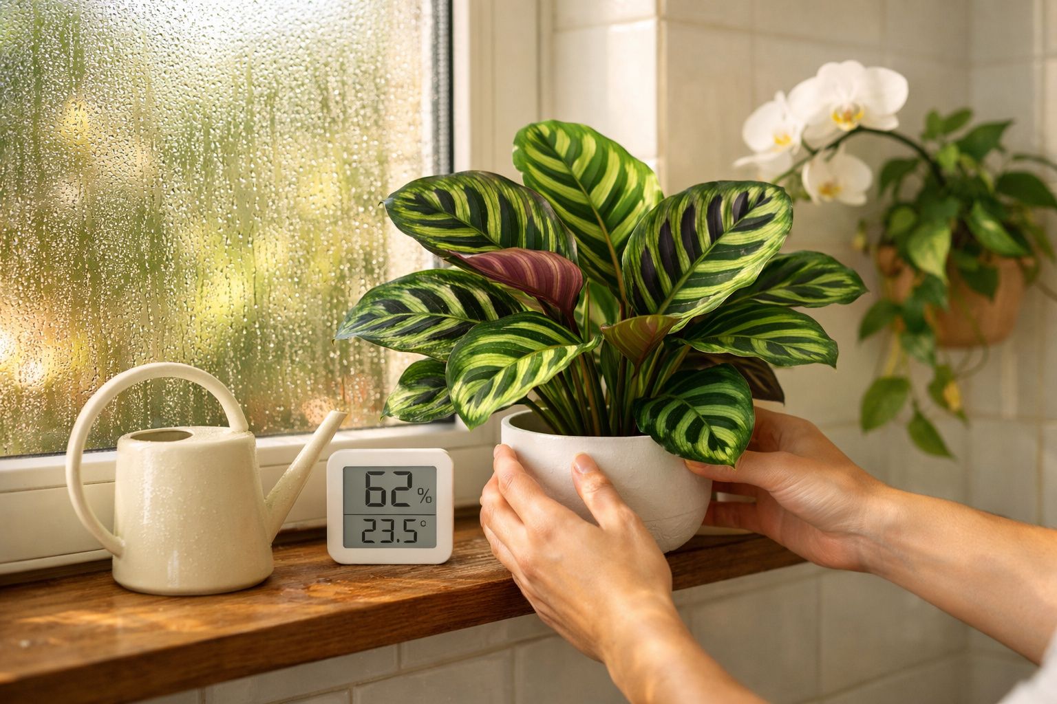 Mãos a colocar planta em vaso branco numa prateleira junto a janela com regador e higrómetro digital.