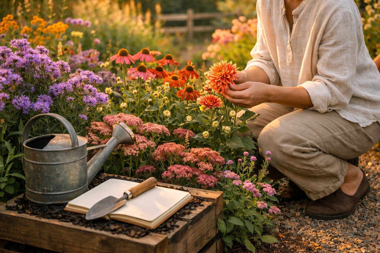 Pessoa a cuidar de flores coloridas num jardim, com regador, caderno e enxada perto.