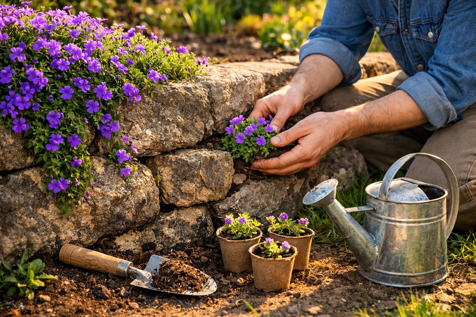 Pessoa a plantar flores roxas junto a muro de pedra com regador e ferramentas de jardim ao lado.