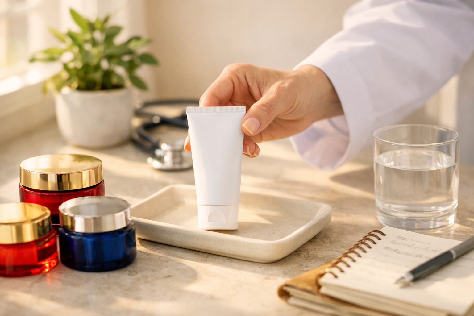 Mão de pessoa a segurar tubo branco sobre bandeja, com frascos, copo de água e bloco de notas ao lado.
