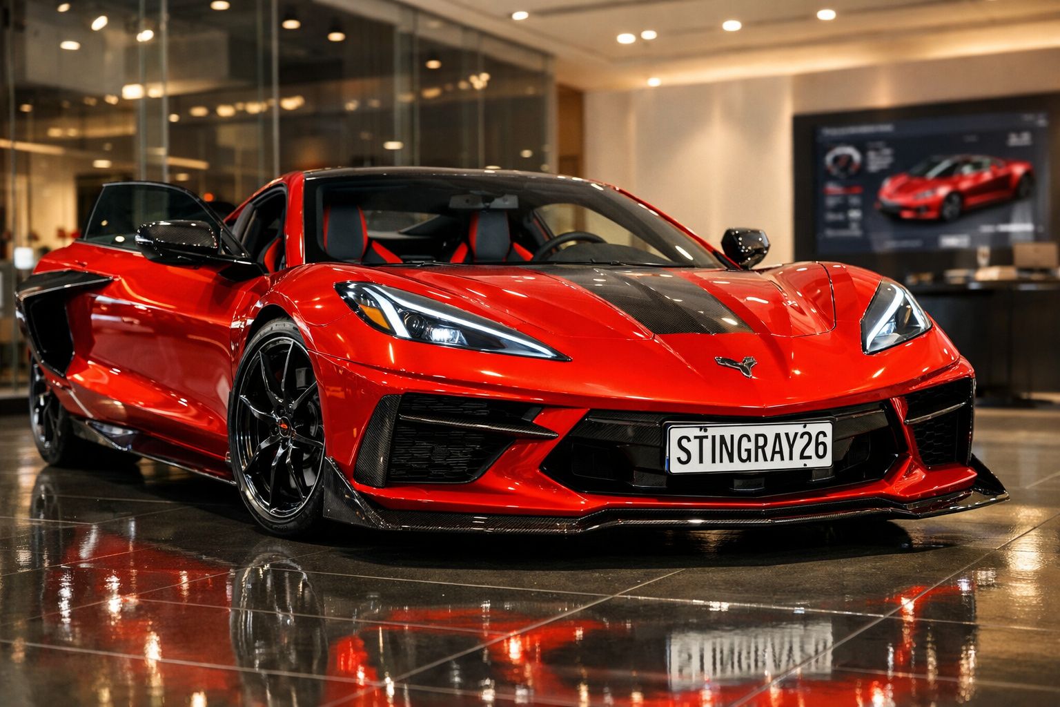 Carro desportivo vermelho com detalhes pretos e matrícula personalizada ST1NGRAY26 em exposição interior.