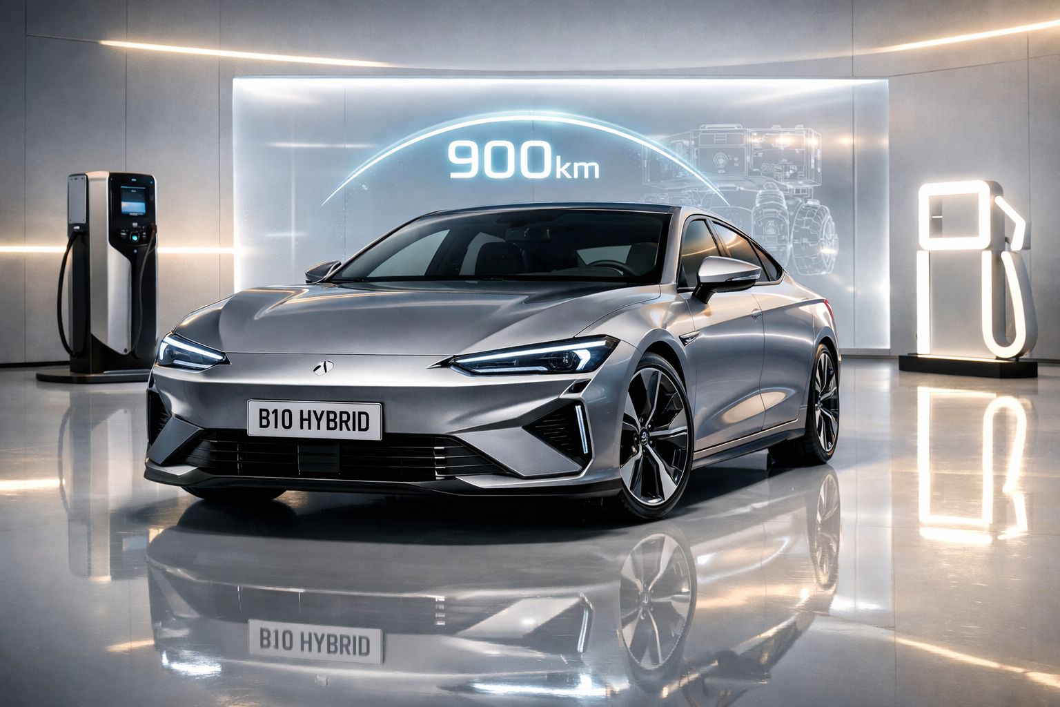 Carro híbrido prateado estacionado em showroom moderno com indicação de autonomia de 900 km.