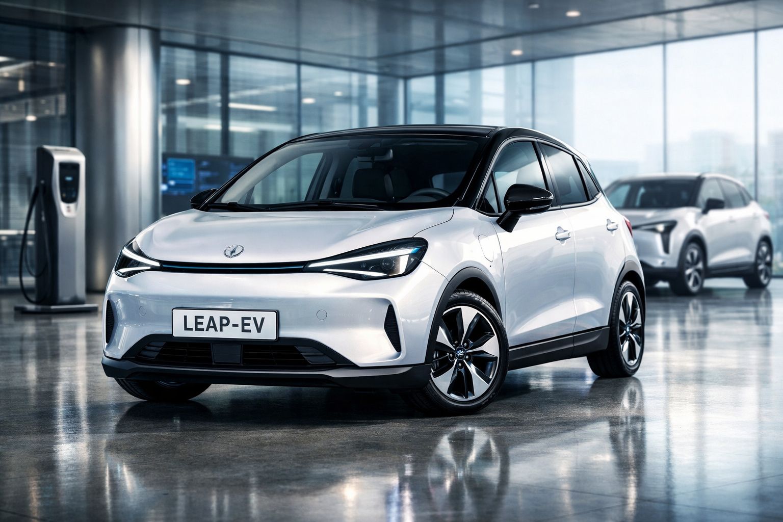 Carro elétrico branco LEAP-EV estacionado em interior moderno com outra viatura elétrica ao fundo.