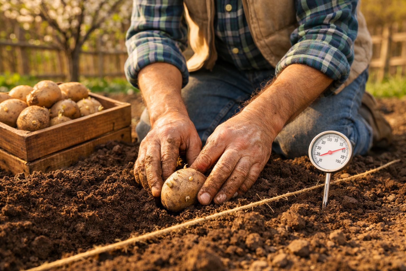 Mãos de agricultor a plantar batata no solo com caixa de batatas e medidor de temperatura no campo.