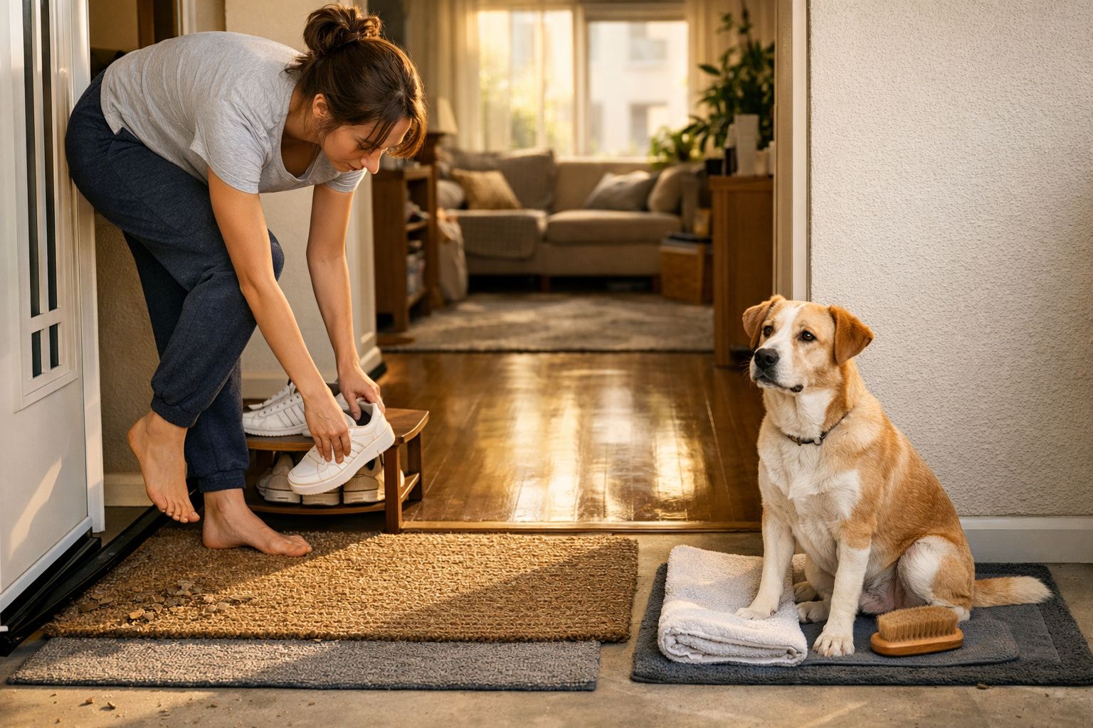 Mulher senta à entrada de casa a calçar ténis enquanto cão castanho e branco está sentado ao lado num tapete.