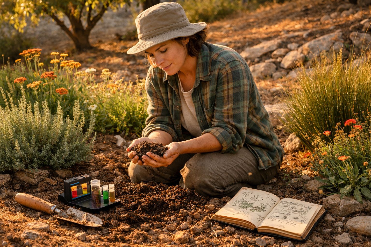 Mulher a analisar solo na natureza com livro aberto e instrumentos de medição ao lado, ao pôr do sol.